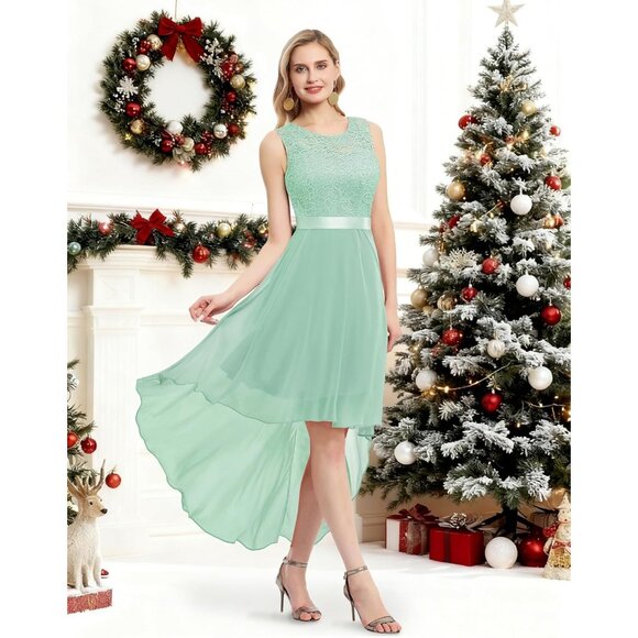 BeryLove Women Light Green Chiffon Scoop Neck Sleeveless Lace Cocktail Dress - Picture 5 of 7